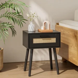 Rattan Nachttisch mit Schublade, Holzbeinen, Natur Eiche