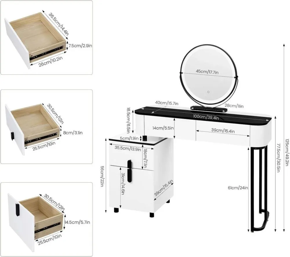 Schminktisch mit LED, Glasplatte, Schubladen, Seitenschrank, Weiss Schwarz