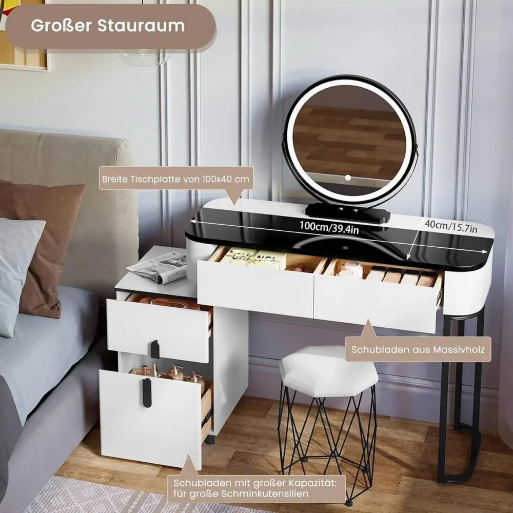 Schminktisch mit LED, Glasplatte, Schubladen, Seitenschrank, Weiss Schwarz