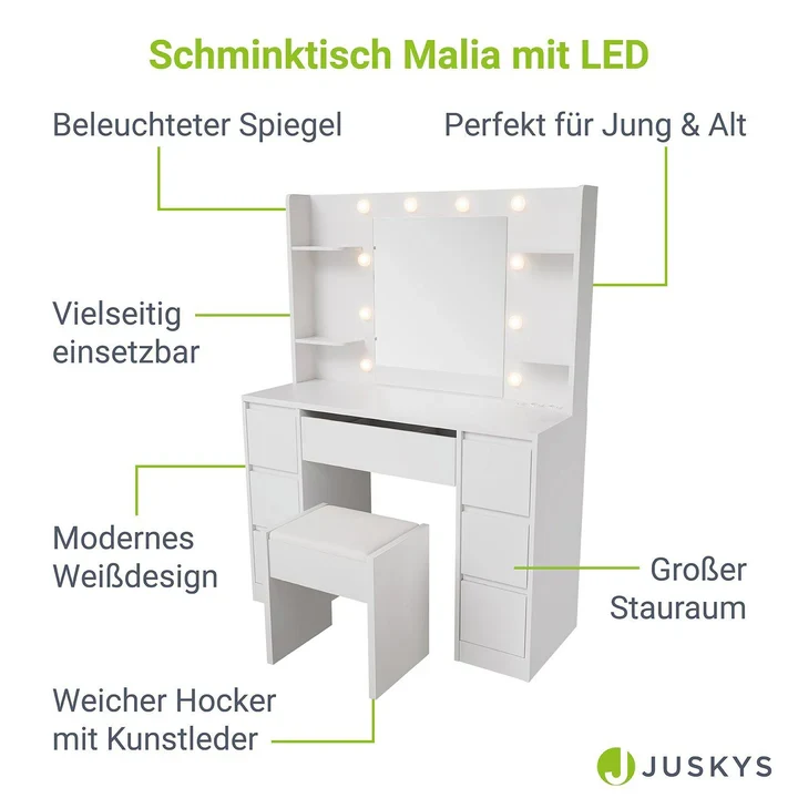 Schminktisch mit Spiegel Malia mit Hocker Melly