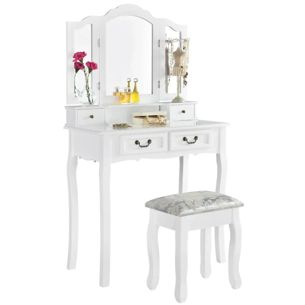 Weiße Schminktisch EMMA mit 3 Spiegeln, 4 Schubladen + Hocker