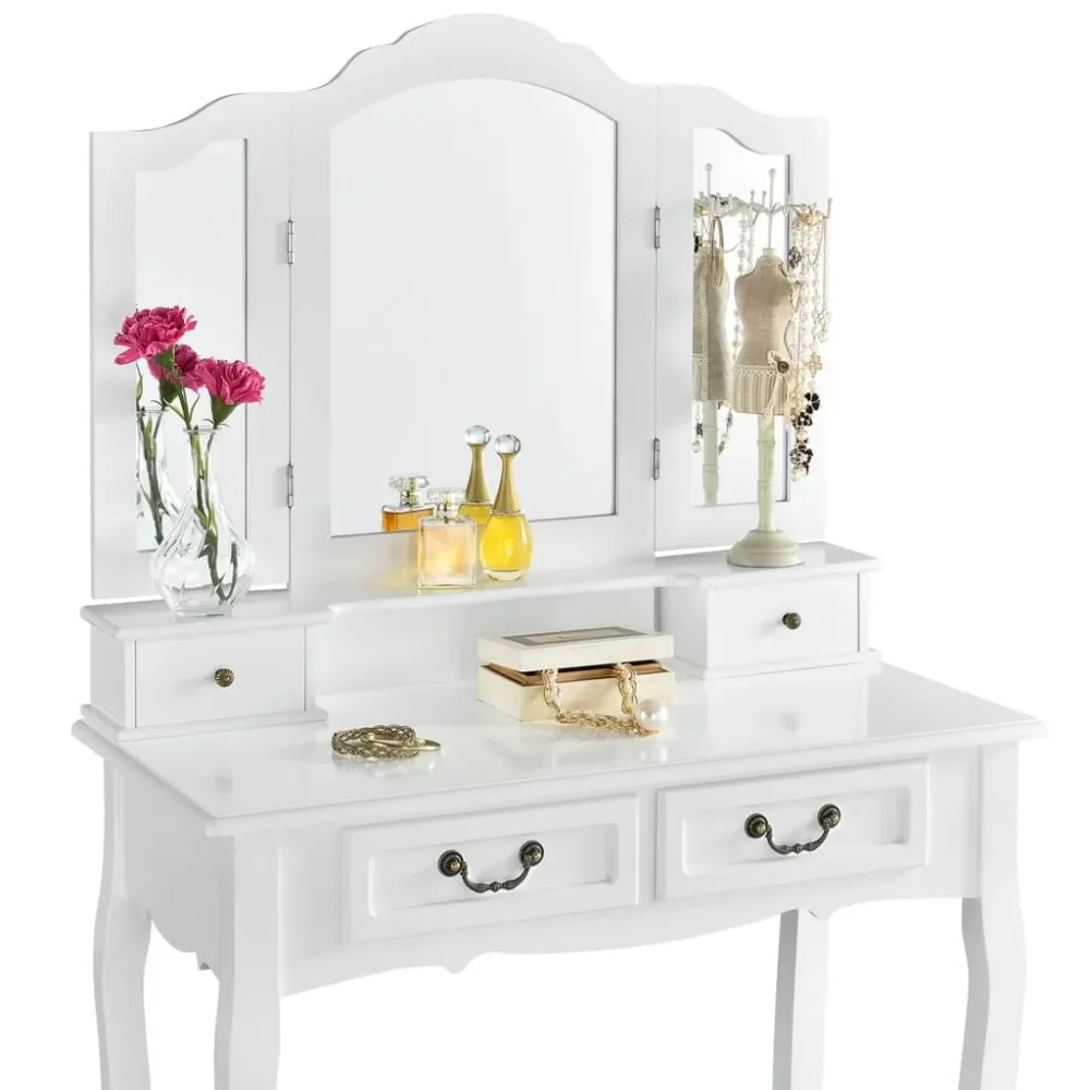 Weiße Schminktisch EMMA mit 3 Spiegeln, 4 Schubladen + Hocker