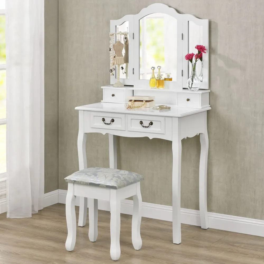 Weiße Schminktisch EMMA mit 3 Spiegeln, 4 Schubladen + Hocker
