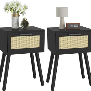 YMYNY Rattan Nachttisch Set mit Magnetschublade, Massivholz