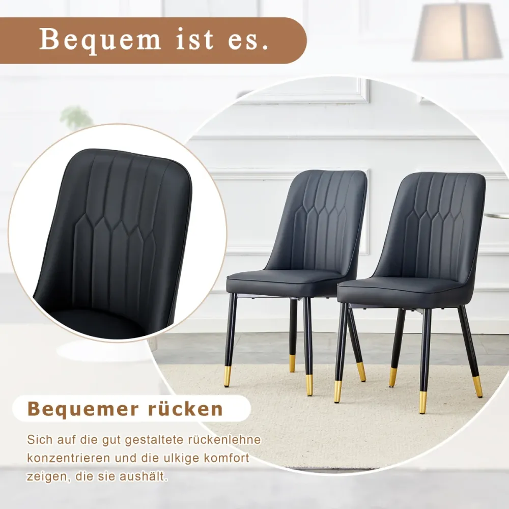 2er Set Esszimmerstühle Schwarz modern PU Leder Rückenpolster schwarze Metallbeine bequeme Polsterstühle für Esszimmer Küc...