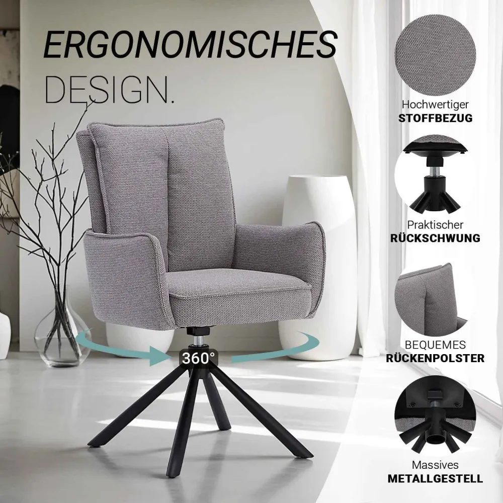 Esstisch mit 4 Stühlen Set Essgruppe Polsterstühle Drehbar Grau 200x100 cm Metall Braun Schwarz