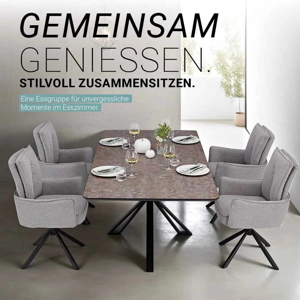 Esstisch mit 4 Stühlen Set Essgruppe Polsterstühle Drehbar Grau 200x100 cm Metall Braun Schwarz