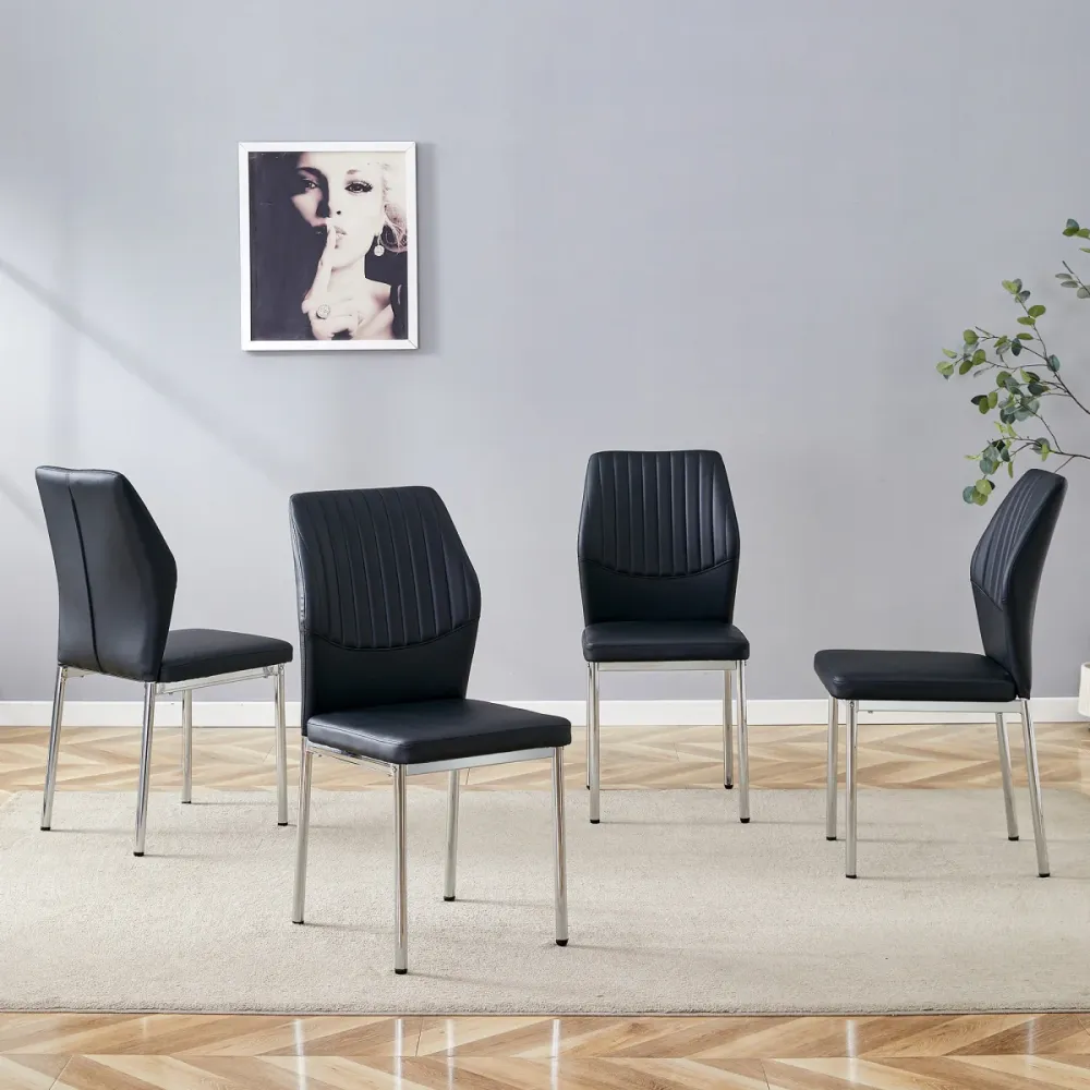 Esszimmerstuhl 4er Set Schwarz PU Leder Senkrechte Prägung Leicht Luxus Design Metallene Silberbeine Schicke Polsterstühle...