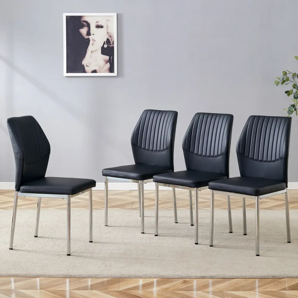 Esszimmerstuhl 4er Set Schwarz PU Leder Senkrechte Prägung Leicht Luxus Design Metallene Silberbeine Schicke Polsterstühle...