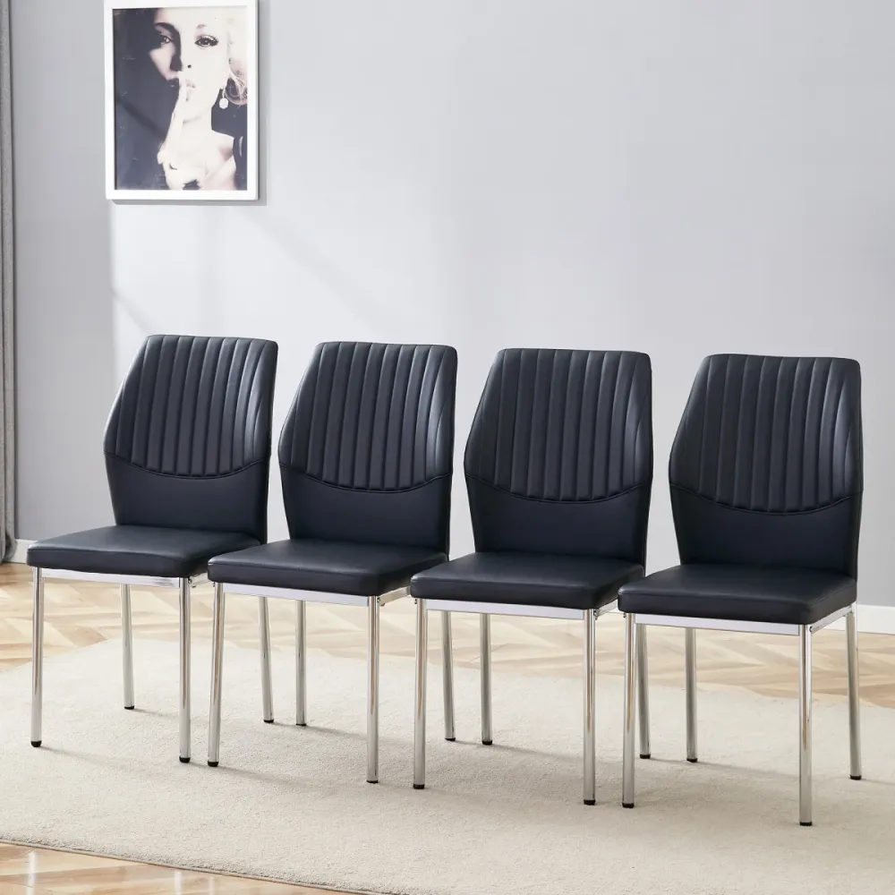 Esszimmerstuhl 4er Set Schwarz PU Leder Senkrechte Prägung Leicht Luxus Design Metallene Silberbeine Schicke Polsterstühle...