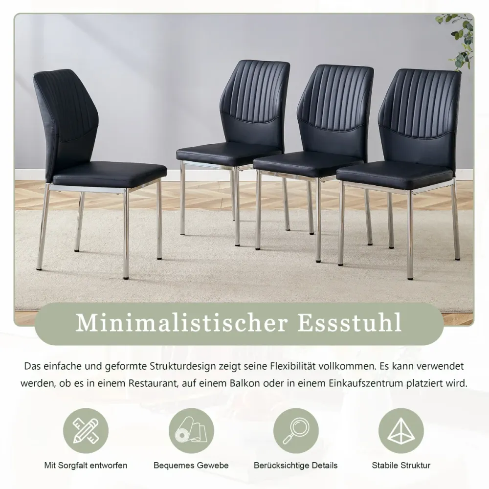 Esszimmerstuhl 4er Set Schwarz PU Leder Senkrechte Prägung Leicht Luxus Design Metallene Silberbeine Schicke Polsterstühle...