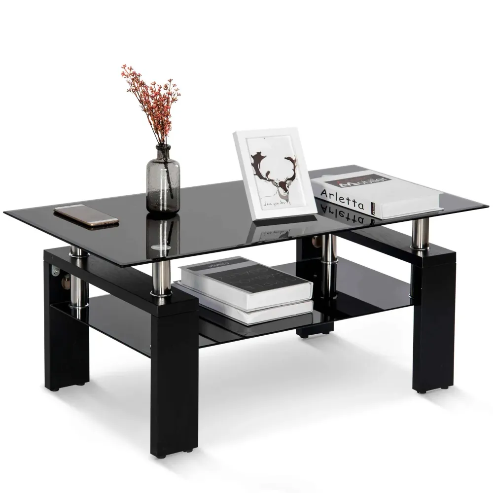 Derins Glas Wohnzimmer Kaffee Tisch schwarz Modern Rechteck mit Unterer Ablage Schwarz