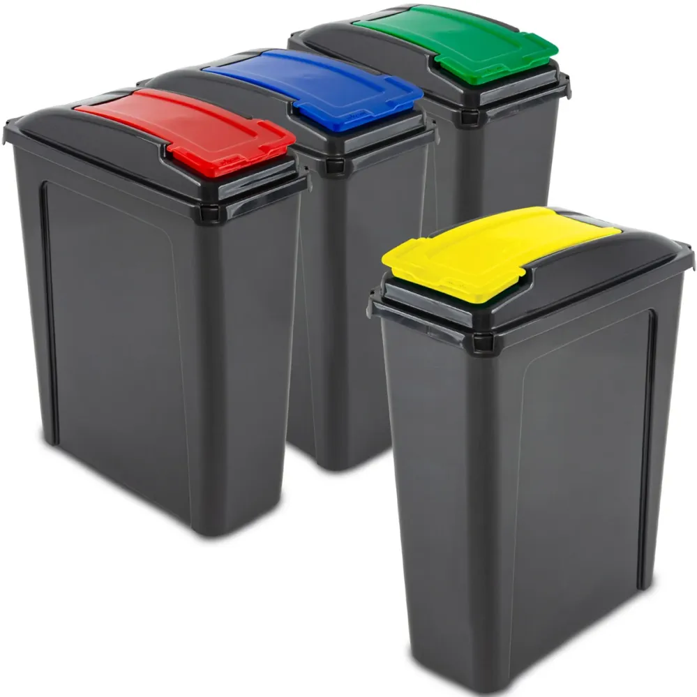 4x 25 Liter Mülltonne Schwarz-Gelb-Blau-Grün-Rot Recyclingtonne 19x40x50cm mit abnehmbarem Klappdeckel - Schmal Küche Mist...