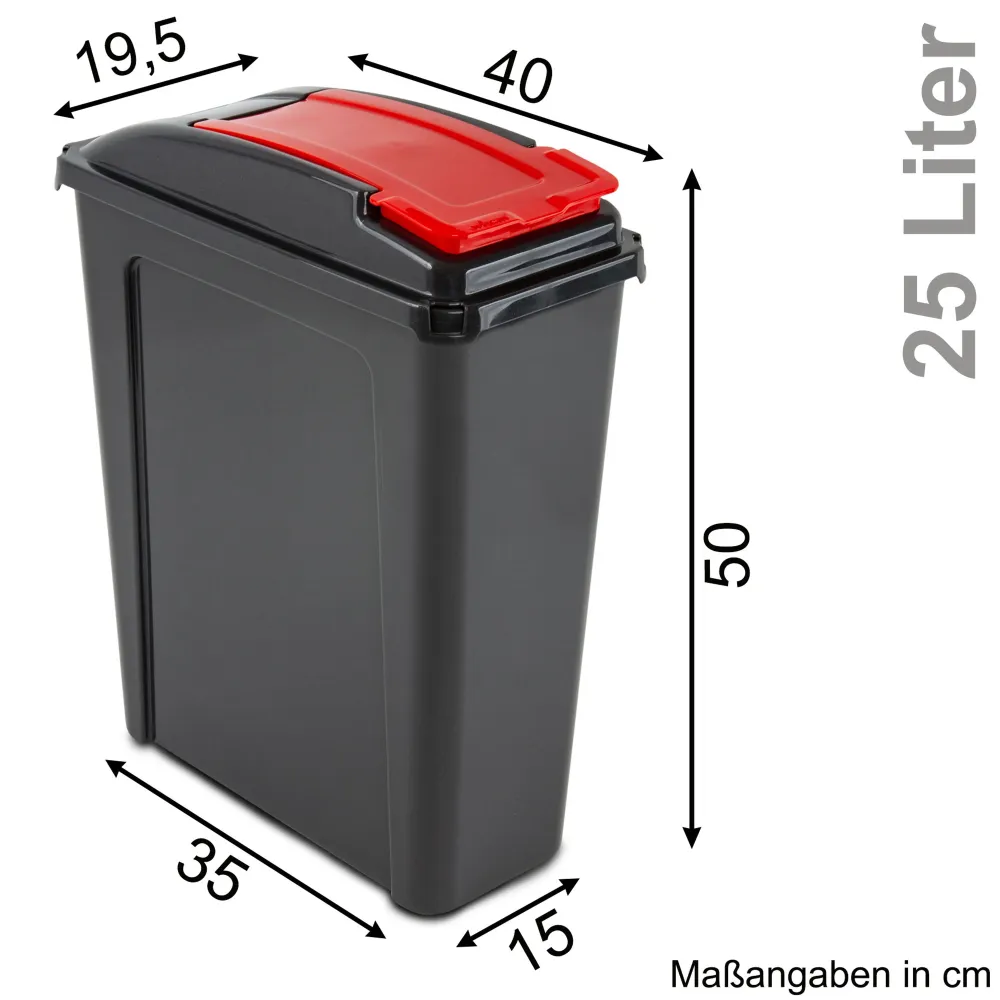 4x 25 Liter Mülltonne Schwarz-Gelb-Blau-Grün-Rot Recyclingtonne 19x40x50cm mit abnehmbarem Klappdeckel - Schmal Küche Mist...