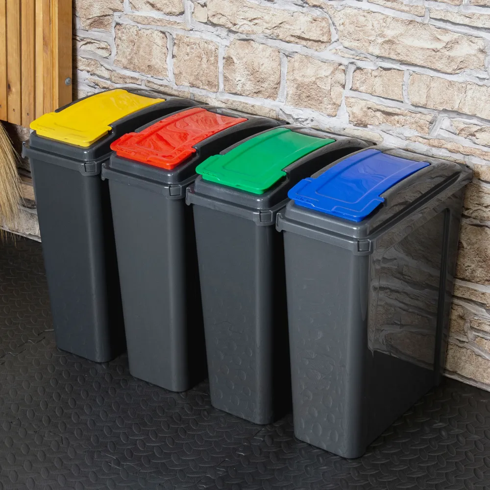 4x 25 Liter Mülltonne Schwarz-Gelb-Blau-Grün-Rot Recyclingtonne 19x40x50cm mit abnehmbarem Klappdeckel - Schmal Küche Mist...