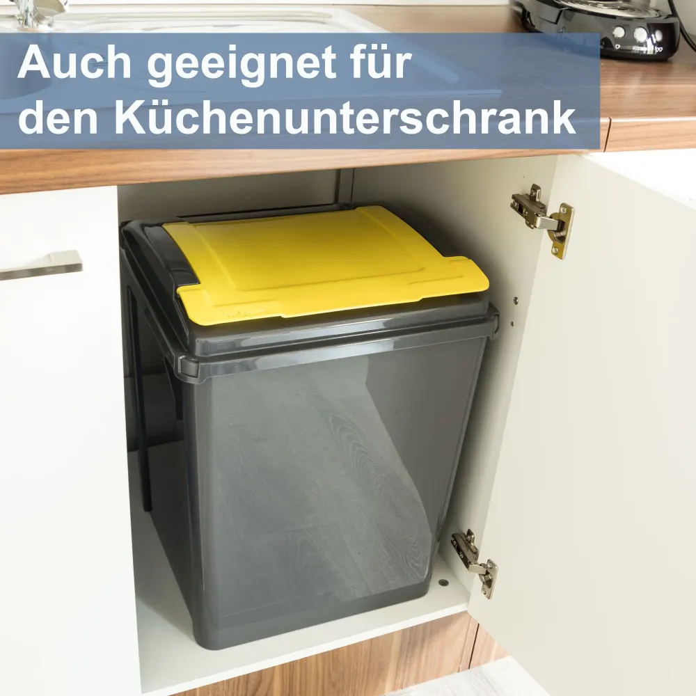 4x 25 Liter Mülltonne Schwarz-Gelb-Blau-Grün-Rot Recyclingtonne 19x40x50cm mit abnehmbarem Klappdeckel - Schmal Küche Mist...