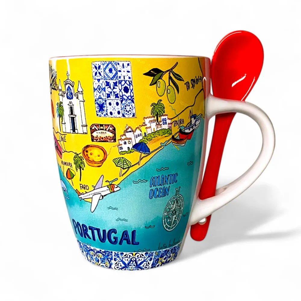 Algarve Becher mit Löffel, buntes Portugal Sehenswürdigkeiten Design