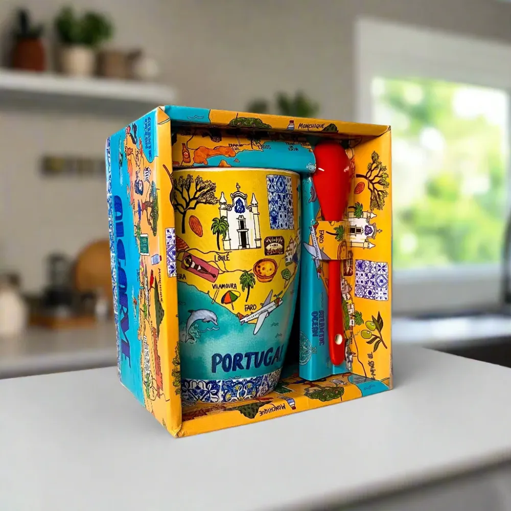 Algarve Becher mit Löffel, buntes Portugal Sehenswürdigkeiten Design
