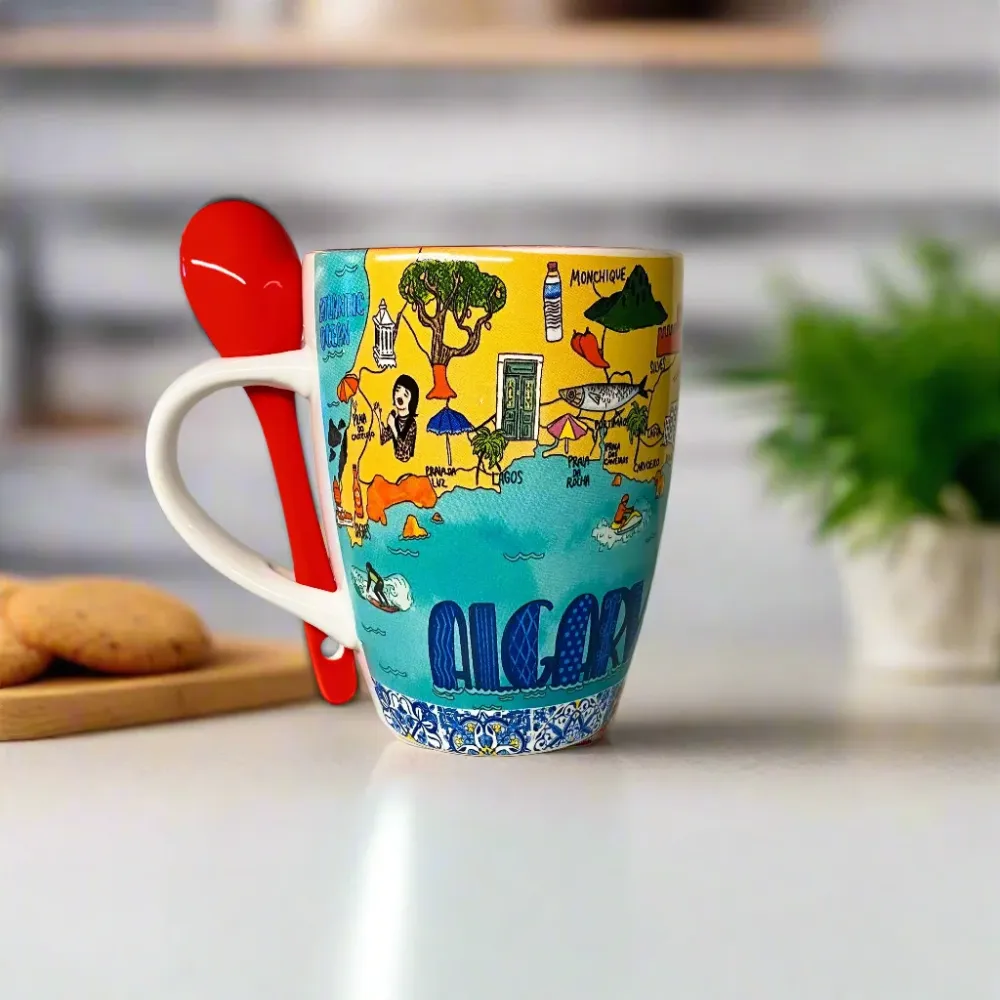 Algarve Becher mit Löffel, buntes Portugal Sehenswürdigkeiten Design