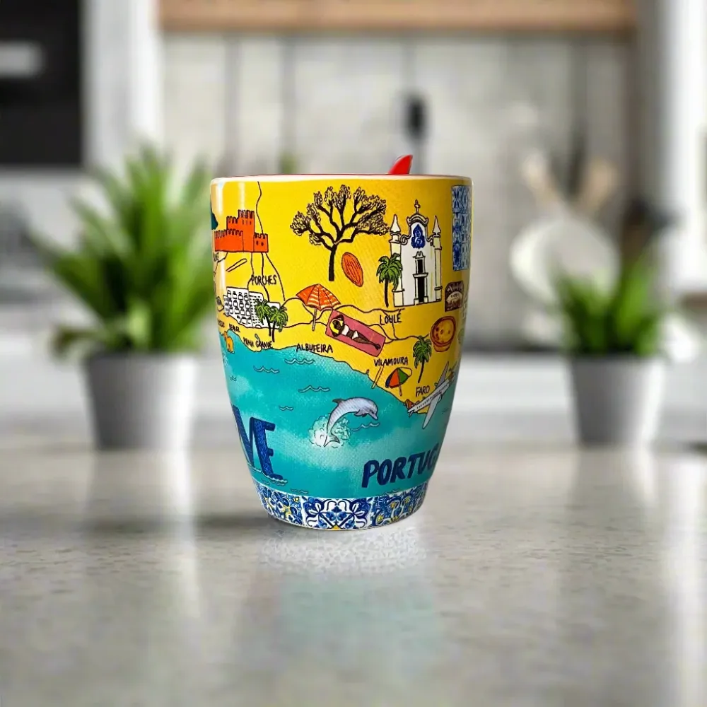 Algarve Becher mit Löffel, buntes Portugal Sehenswürdigkeiten Design