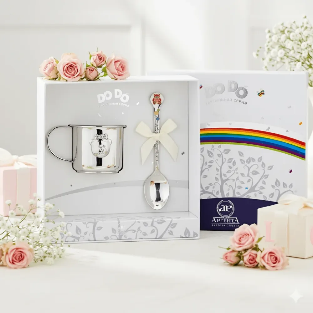 Baby Geschenkset 925 Silber – Kinderbecher & Taktil-Löffel Teddybär Mädchen