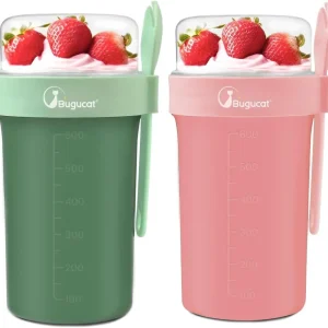 Bugucat Müsli Joghurtbecher to Go 2er Set 760ml+230ml Löffel grün rosa