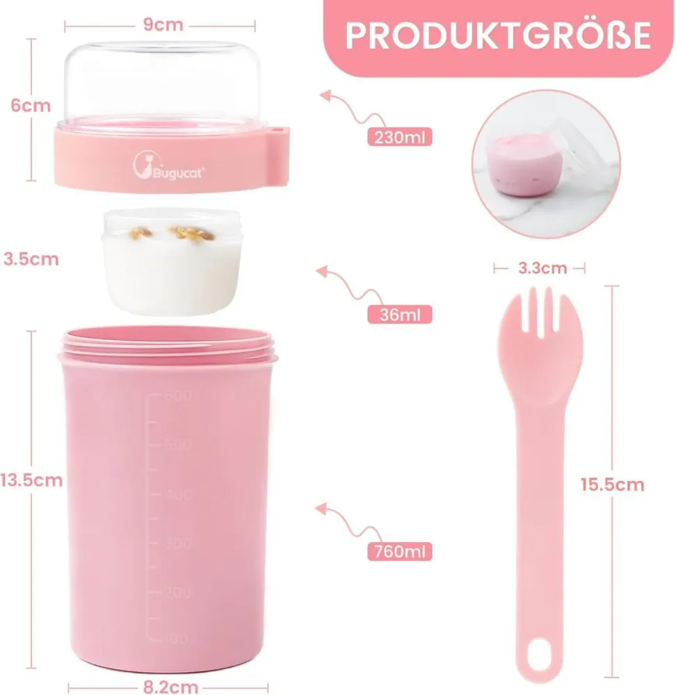Bugucat Müsli Joghurtbecher to Go 2er Set 760ml+230ml Löffel grün rosa