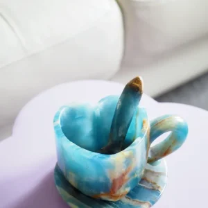Deko Blaue Onyx / Blauer gebänderter Calcit Herz Tasse Kristall Becher mit Teller und Löffel SET . Blue Onyx / Calcite Hea...