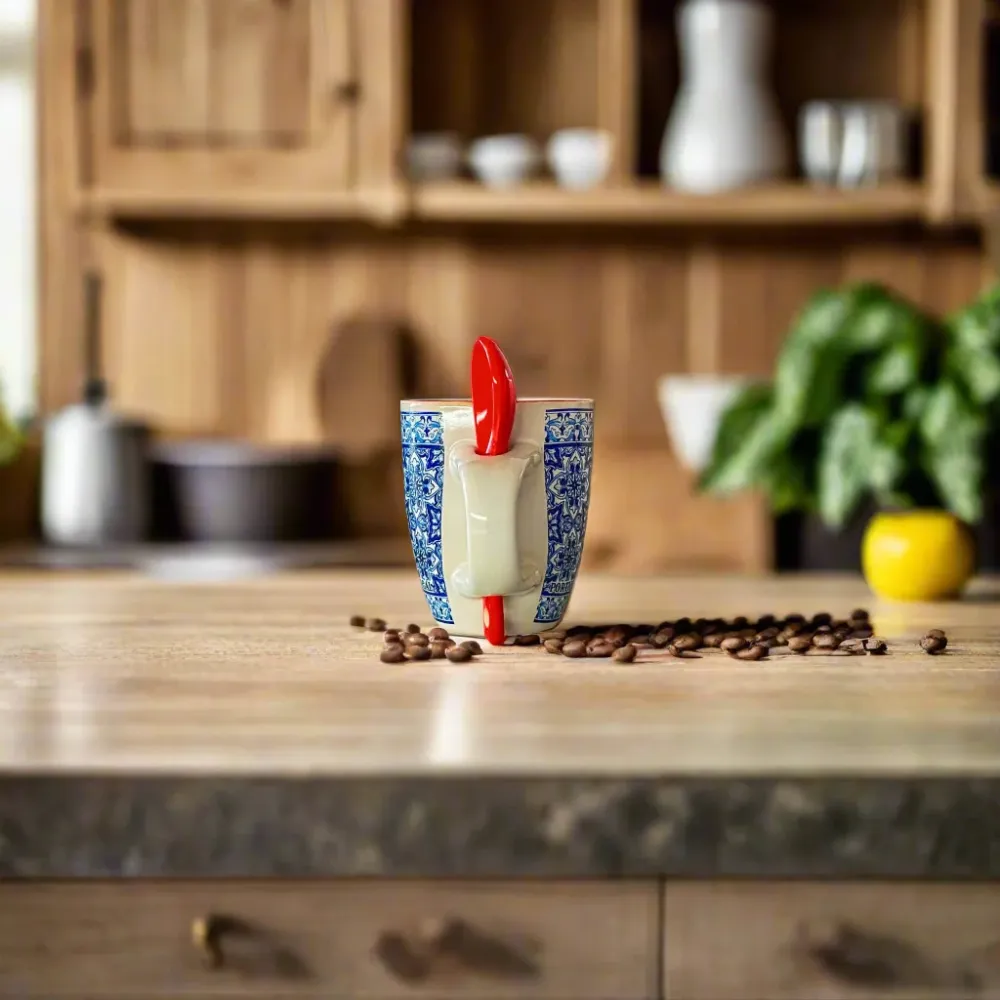 Portugiesische Keramik-Espressotasse mit traditionellem blauem Azulejo-Fliesendesign, rotem Löffel und passender Geschenkbox