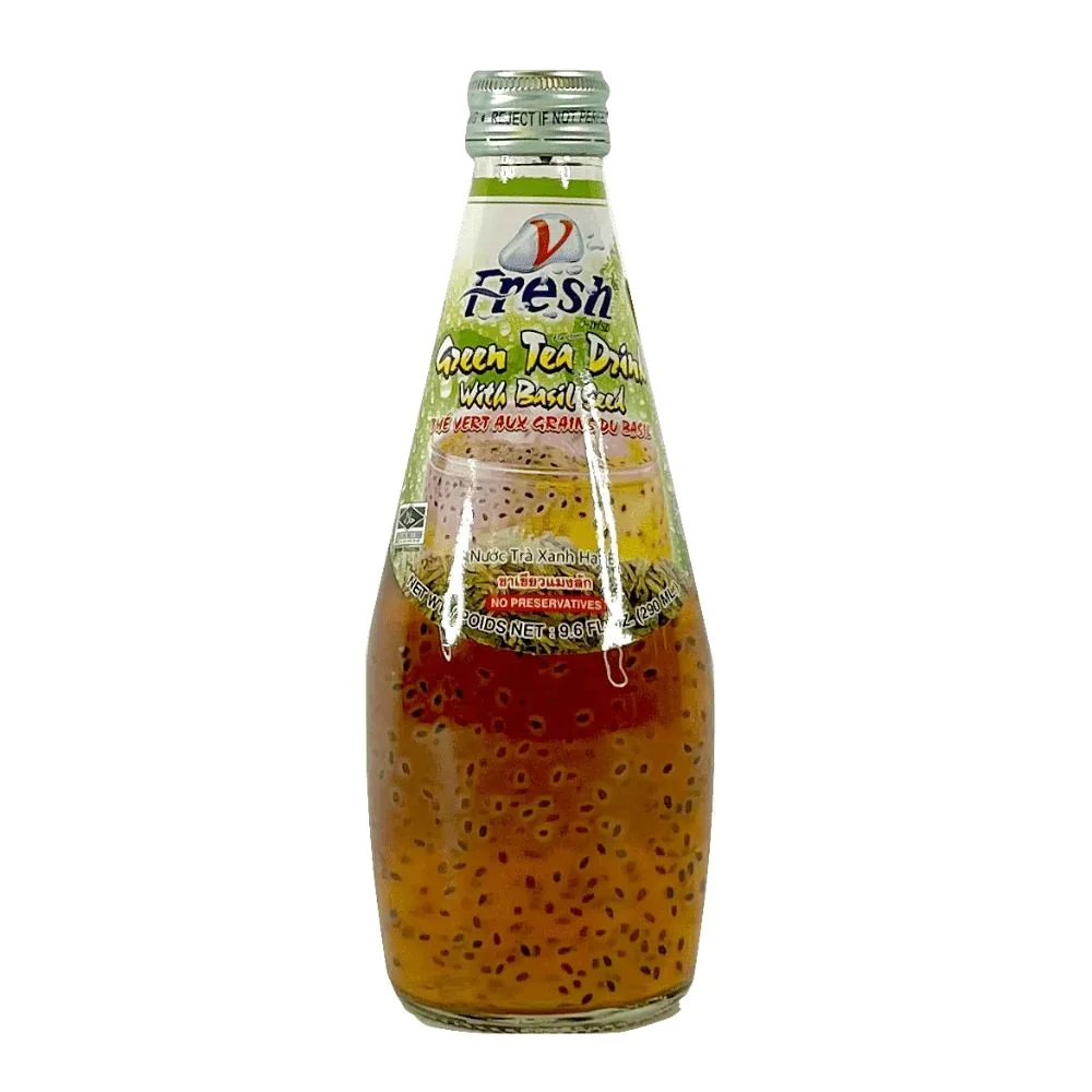Frische Grüntee-Getränk mit Basilikumsamen, thailändischer grüner Tee mit Basilikumsamen 290ml