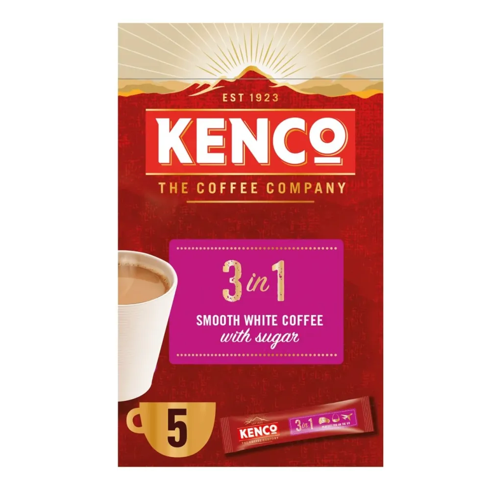 Kenco 3 1 glatter weißer Instantkaffee mit Zuckerbeutel 5 x 20g
