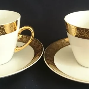 2er Set 2er KAFFEEGEDECKE - Porzellan, Goldrand Breit Abstrakt Geometrisch Pflanzen Flora Motiv Dekor