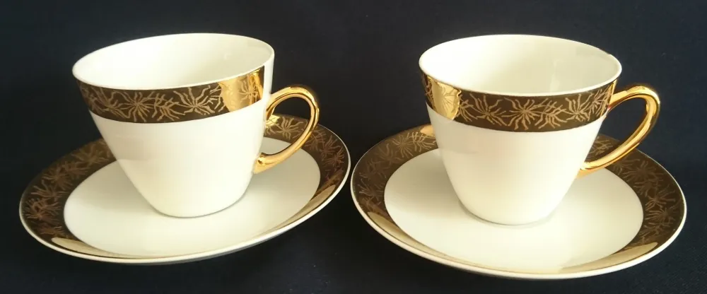 2er Set 2er KAFFEEGEDECKE - Porzellan, Goldrand Breit Abstrakt Geometrisch Pflanzen Flora Motiv Dekor