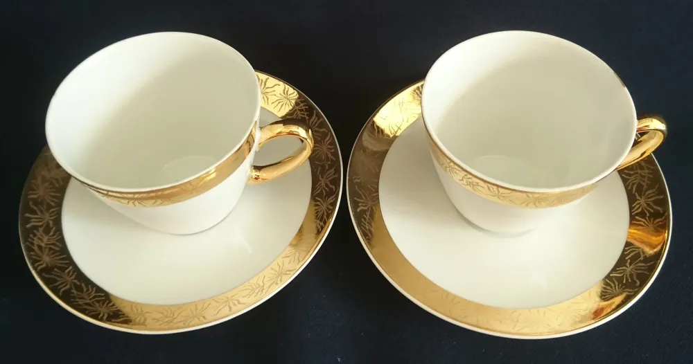 2er Set 2er KAFFEEGEDECKE - Porzellan, Goldrand Breit Abstrakt Geometrisch Pflanzen Flora Motiv Dekor