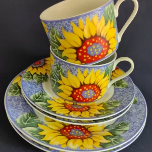 2er Set 3er KAFFEEGEDECKE - Porzellan, Flora Sommer Sonnenblumen Blüten Motiv Dekor