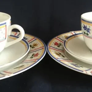 2er Set 3er TEEGEDECKE "Flirt" - Porzellan, Flora Blumenblüten Pflanzen Linien Streifen Rand Motiv Dekor
