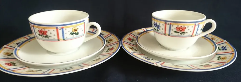 2er Set 3er TEEGEDECKE "Flirt" - Porzellan, Flora Blumenblüten Pflanzen Linien Streifen Rand Motiv Dekor
