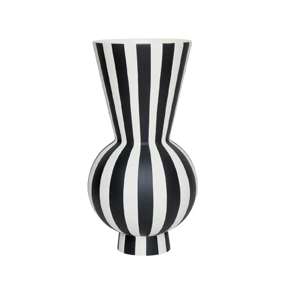 B-Ware Oyoy Vase Gefäß Streifenmuster Keramik Weiß Schwarz 28 Cm Toppu Serie