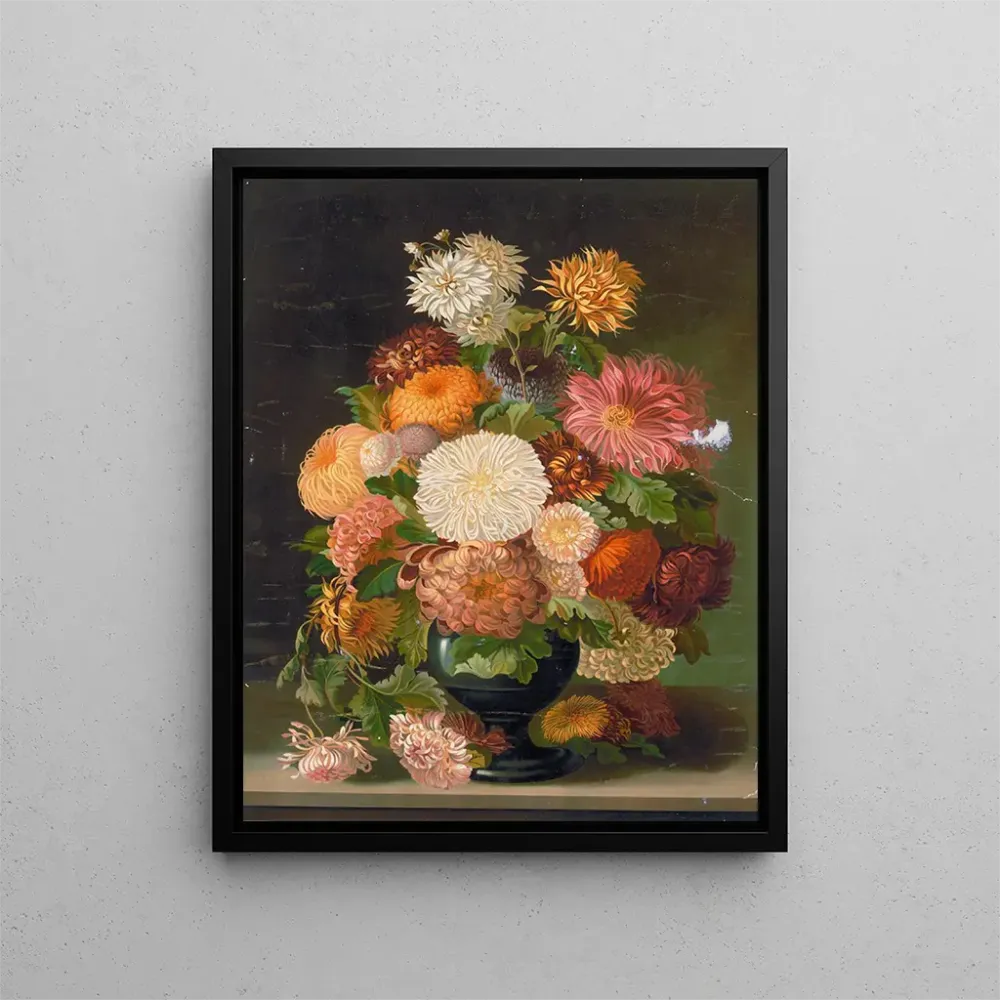 Gemälde Rote, orange, weiße und rosa Blumen einer schwarzen Vase - Anonym | Kunstdruck
