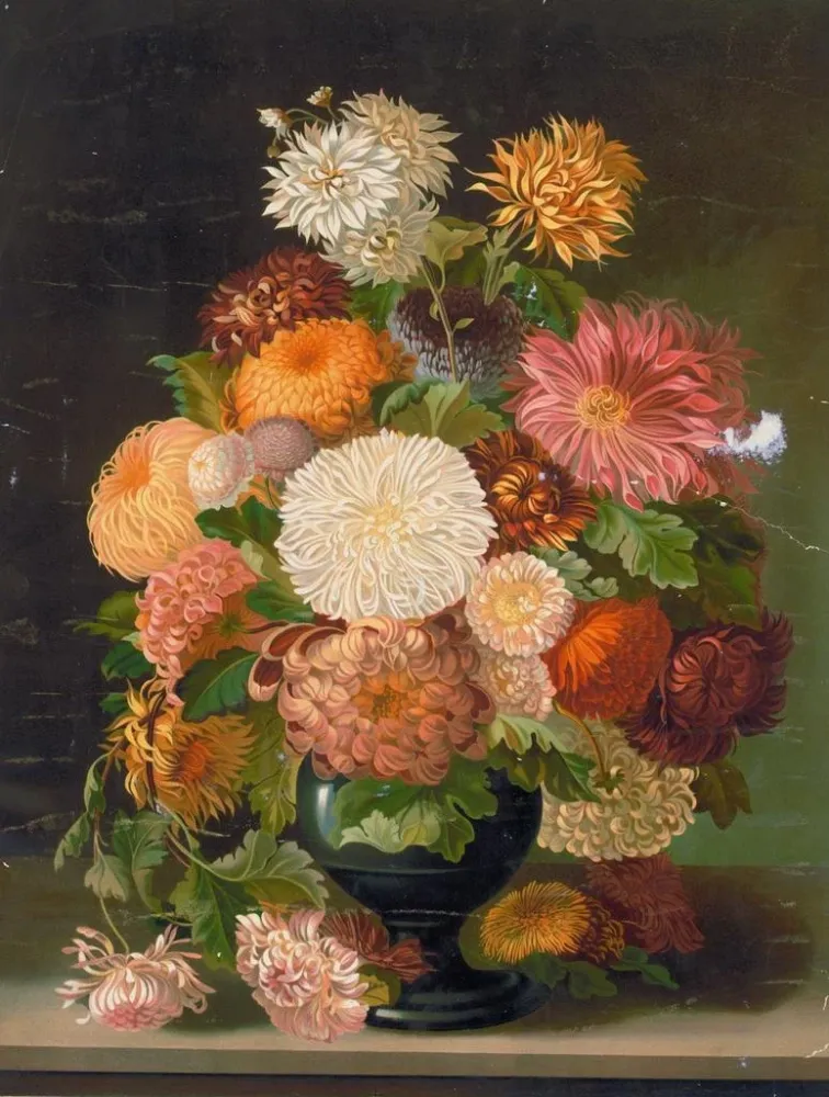 Gemälde Rote, orange, weiße und rosa Blumen einer schwarzen Vase - Anonym | Kunstdruck