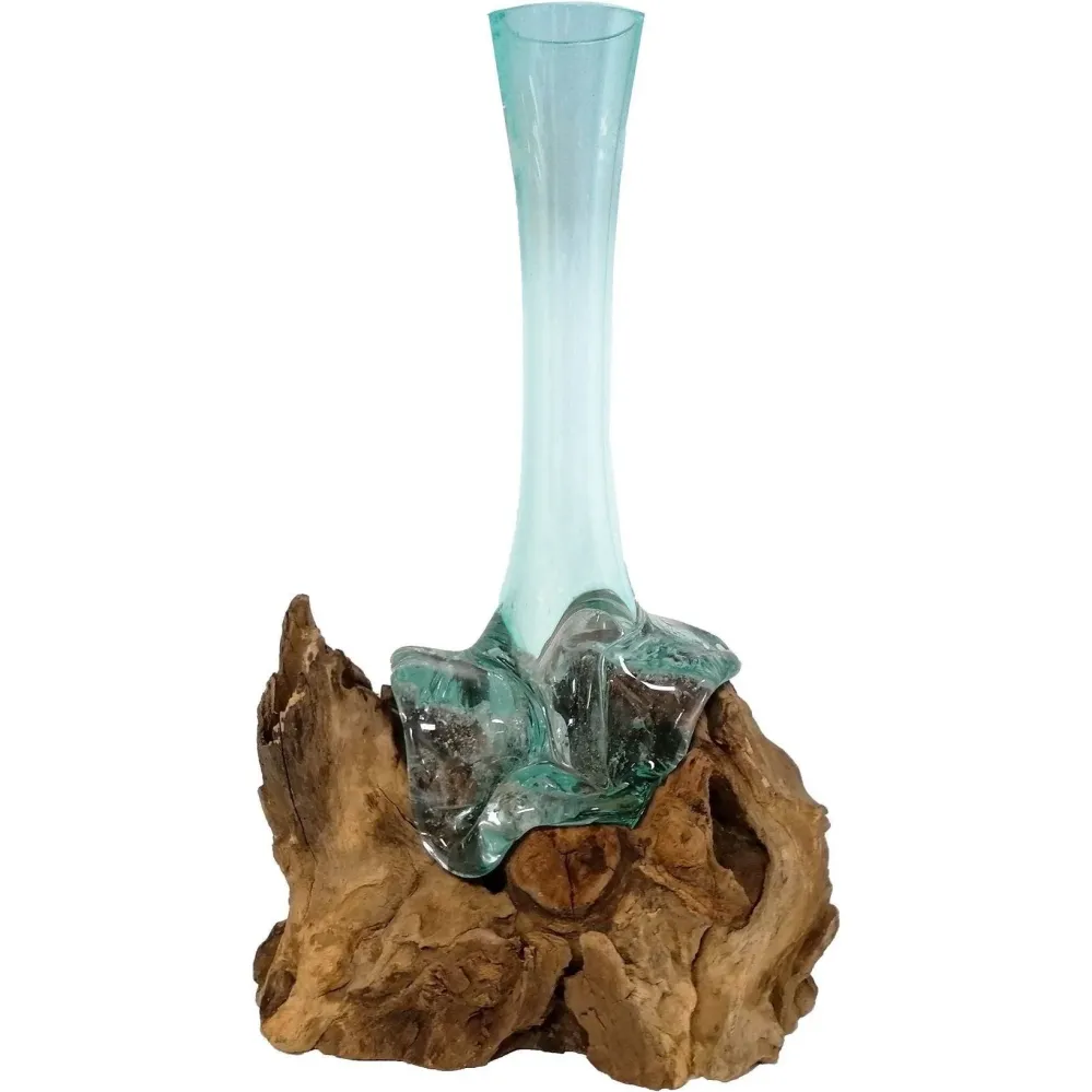 Glas Vase mundgeblasen auf Wurzelholz Höhe 25cm