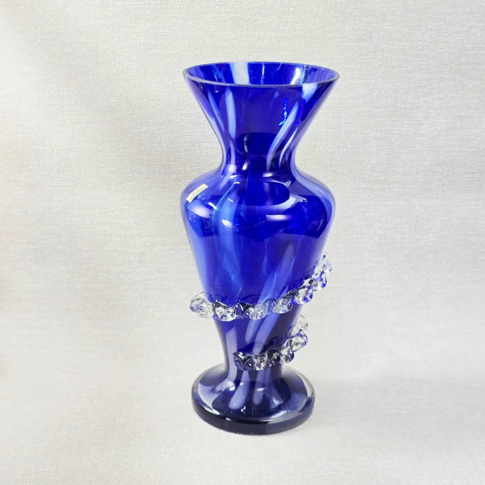 Kobaltblaue Rigaree-Vase aus Polen – 1970er Studioglas