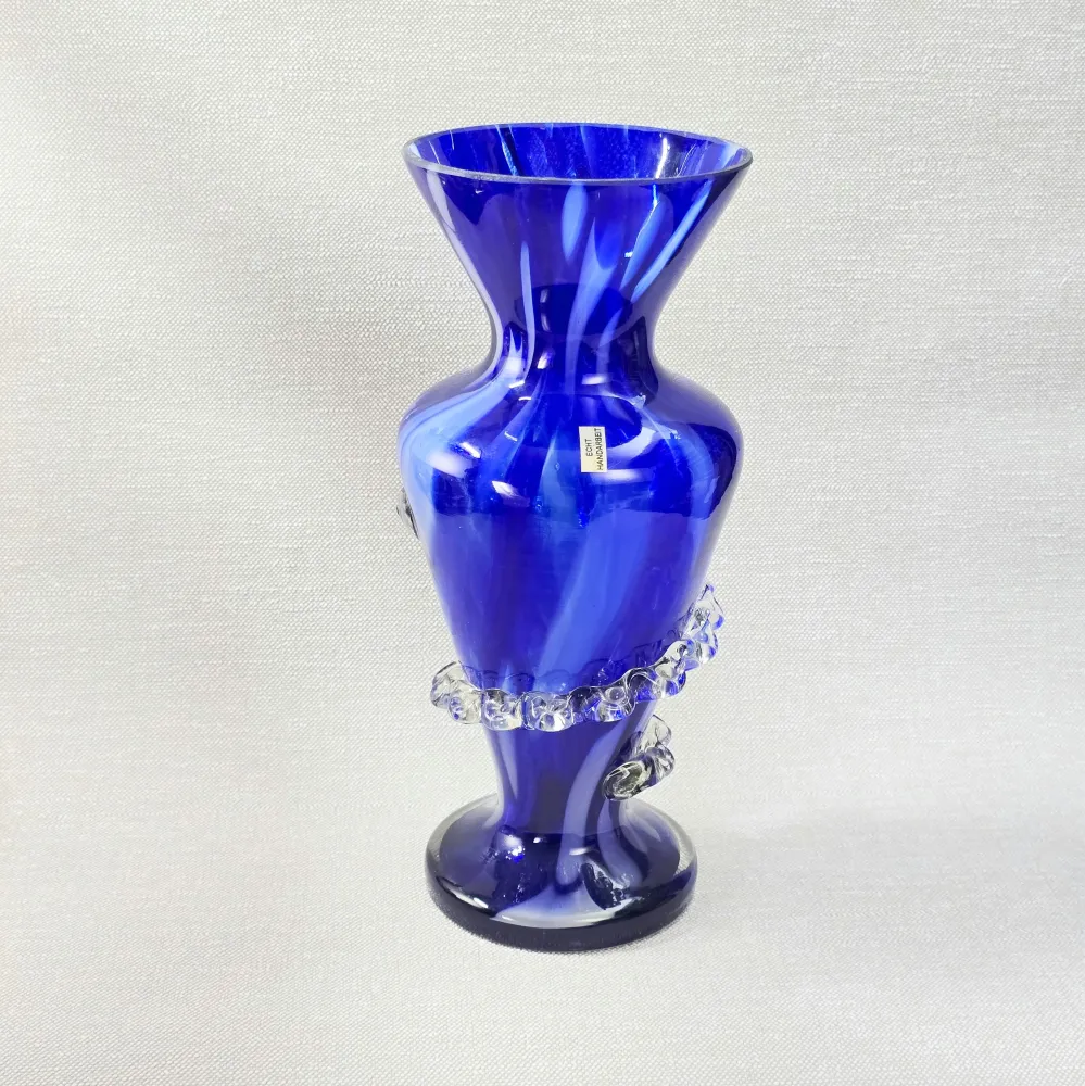 Kobaltblaue Rigaree-Vase aus Polen – 1970er Studioglas