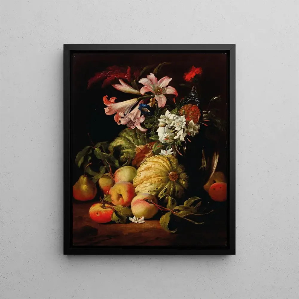 Kunstdruck Lys und andere Blumen einer Vase aus Glas mit Pfirsichen und Melonen - Abraham Brueghel | Kunstdruck