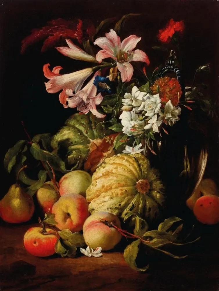 Kunstdruck Lys und andere Blumen einer Vase aus Glas mit Pfirsichen und Melonen - Abraham Brueghel | Kunstdruck