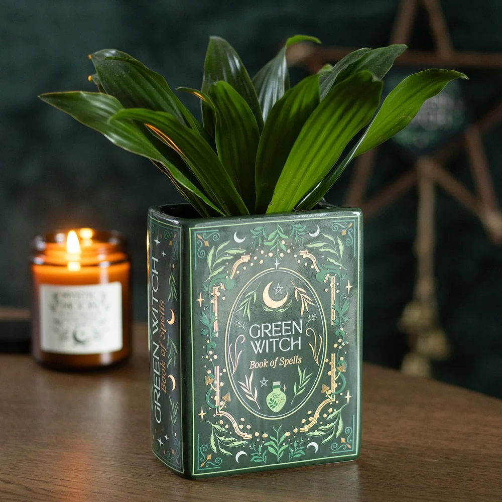 Mystische Vase Pflanzengefäß "Green Witch" Buchform Hexen-Deko