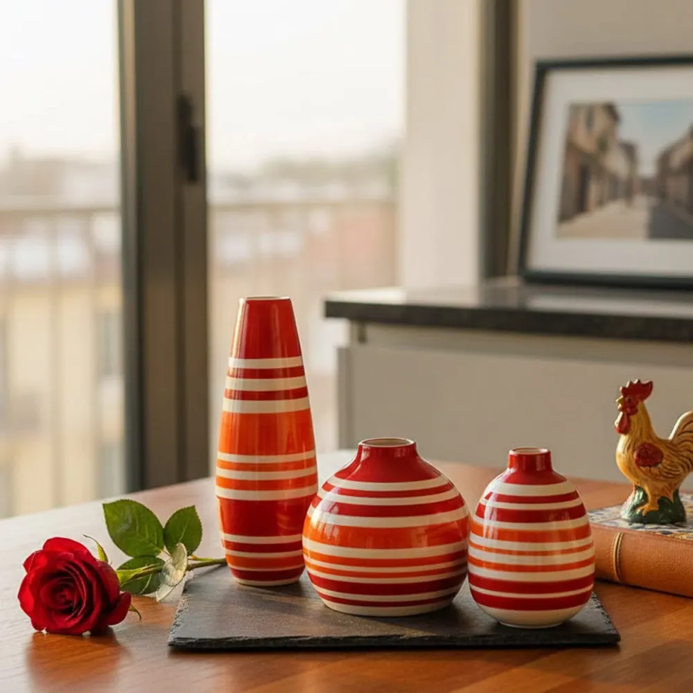 Ovale gestreifte Vase - Rot