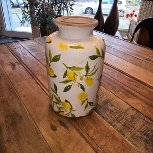 Vase, Zitronen, rund, hoch, weiß-gelb, Blätter