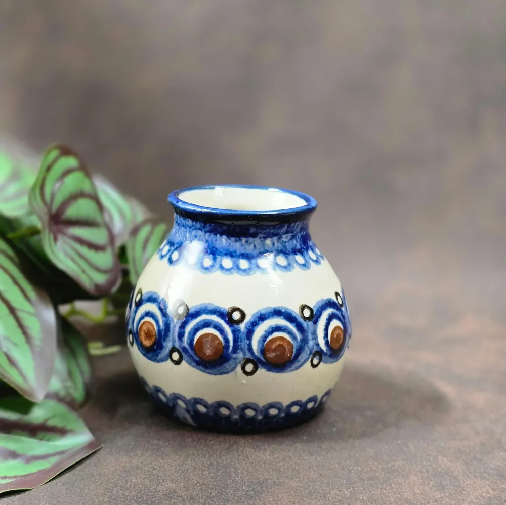Vintage Bunzlauer Vase 70er, bauchig, handbemalt, polnische Keramik, 7,5 cm