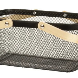 Aufbewahrungskorb mit Henkel für Kleidung Deko oder Accessoires schwarz aus Stahl und Holz 37x24x18